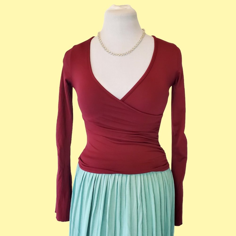 Dark Red V-Neck Long-Sleeve Wrap Top
